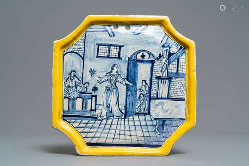 A Dutch Delft blue and white yellow border 'tobacco shop' plaque, 18th C.