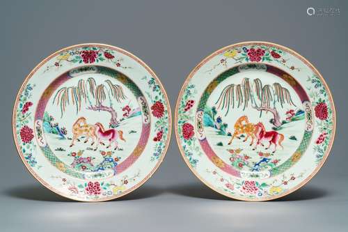 A pair of Chinese famille rose 'horse' dishes, Yongzheng/Qianlong