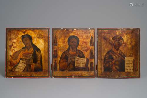 Three Russian icons: 'Mother of God', 'Pantocrator' and 'Saint-John the Baptist', 19th C.