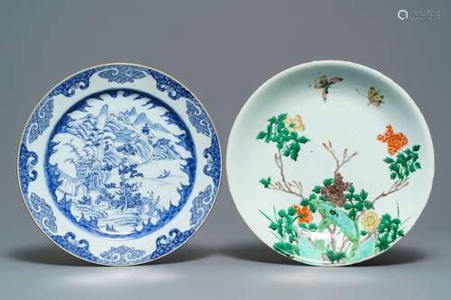 A Chinese blue and white 'Master of the Rock' dish and a famille verte dish, Kangxi