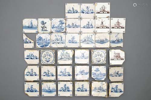 A varied collection of blue and manganese Delft tiles, 17/19th C.