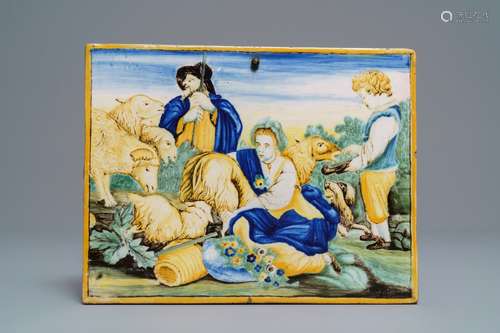 An Italian maiolica pastoral scene plaque, Castelli, 18th C.