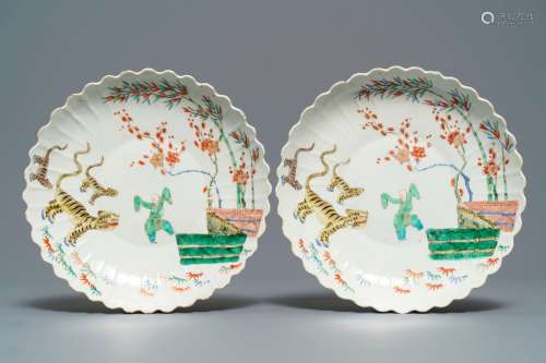 A pair of lobed Chinese famille verte Kakiemon-style 'tiger' plates, Kangxi