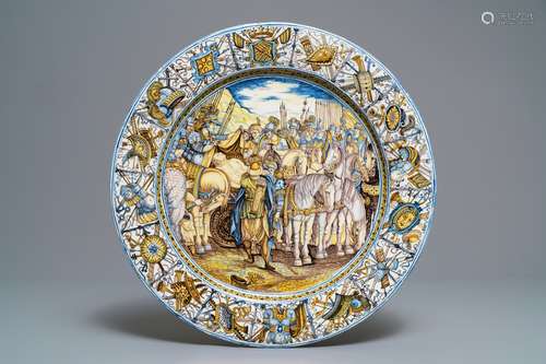 A large Italian maiolica 'Alexander the Great' armorial charger, Francesco Grue workshop, Castelli, 17th C.