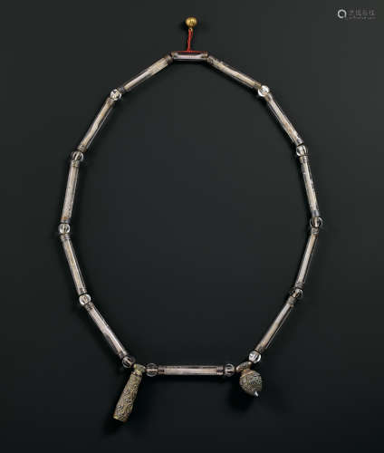 遼 銀西洋蓮紋墜飾配水晶管珠項鍊