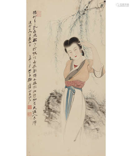 张大千（1899～1983） 1959年作 杨柳仕女 镜框 设色纸本