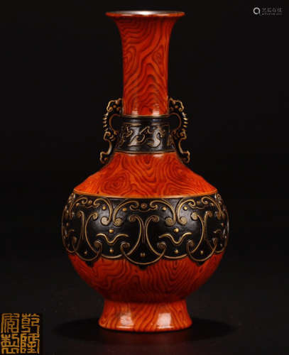 A PORCELAIN WITH BRONZE & TREE SKIN PATTERN SURROUNDED VASE