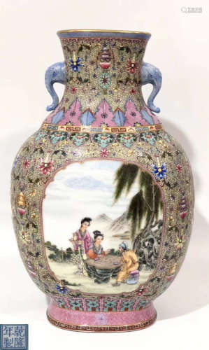 A PORCELAIN WITH BEAST HANDLE PAINTED STORY PATTERN ZUN VASE