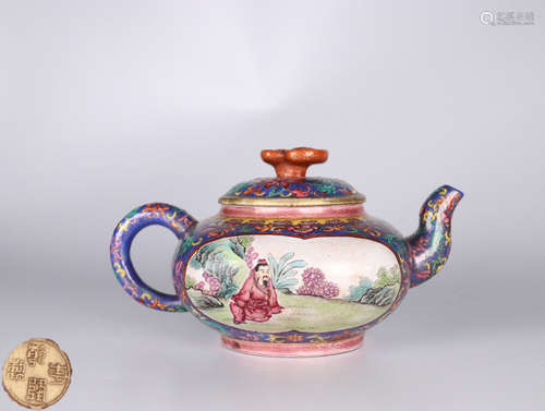 A QIANLONG MARK ZISHA TEAPOT WITH ENAMELED FIGURE PATTERN