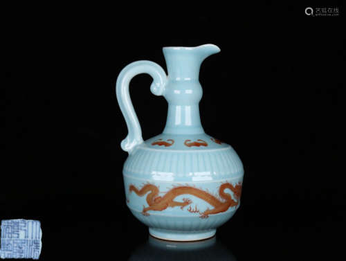 A BLUE-GLAZED VASE WITH MARKING&DRAGON PATTERN PAINTED
