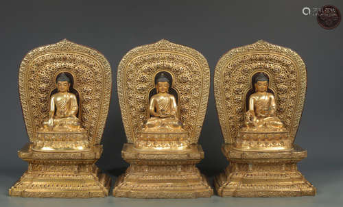 A SET OF GILT BRONZE SHAPED HAN & MENGZANG & SANWEN BUDDHAS