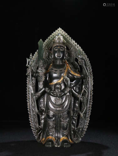 A DARK JADE GUANYIN SHAPED ORNAMENT