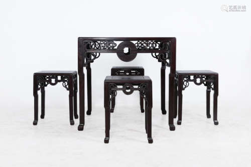 A SET OF ZITAN WOOD SQUARE TABLE AND FOUR CHAIRS