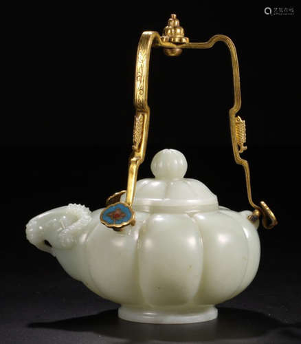 A HETIAN WHITE JADE WITH GILT BRONZE HANDLE POT