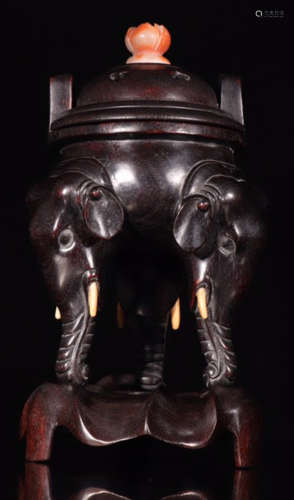 A ZITAN WOOD WITH SOAPSTONE BUCKLE CARVED BEAST PATTERN TRIPOD CENSER
