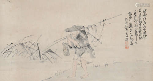 李耕（1885～1964） 渔翁得利 立轴 设色纸本