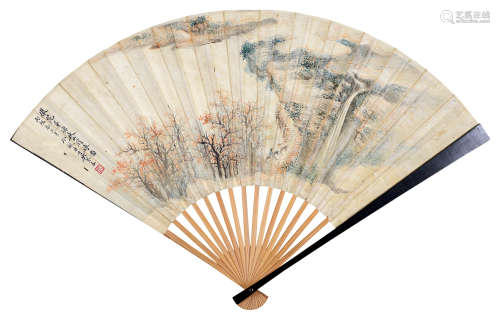 吴琴木（1894～1953） 秋山行旅 成扇 设色纸本
