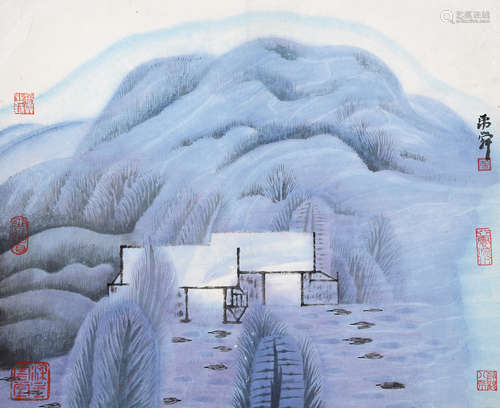 庐禹舜（b.1962） 雪山村色图 镜片 设色纸本