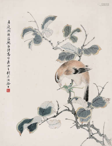 刘源沂（1898～1988） 雀上枝头 镜片 设色纸本