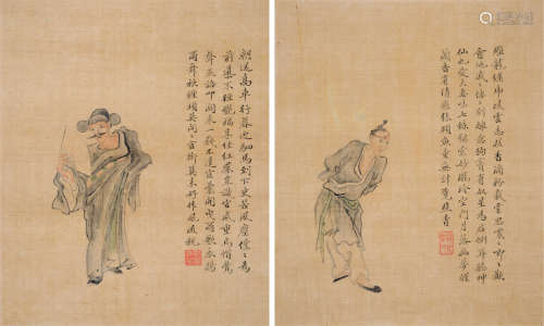 郑煦（1859～1949） 人物双屏 镜片 设色绢本