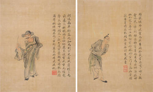 郑煦（1859～1949） 人物双屏 镜片 设色绢本