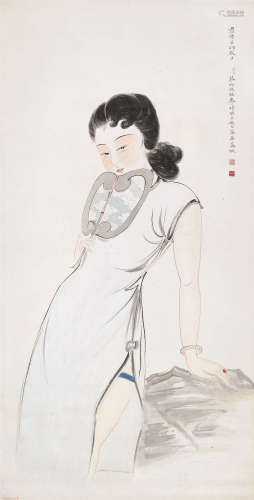 蔡佩珠（1900～?） 执扇仕女 立轴 设色纸本