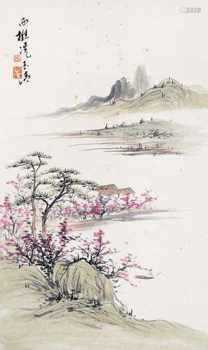 冼玉清（1895～1965） 水村山霭 镜片 设色纸本