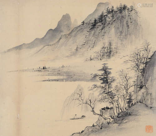 温其球（1862～1941） 春江独眺 镜片 水墨纸本