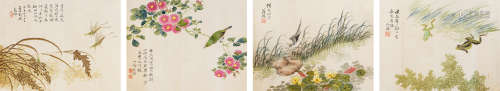 翁小海（1790～1849） 花鸟四景 镜片四屏 设色纸本