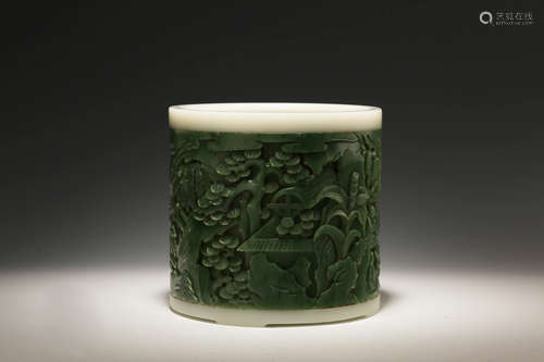 A Chinese Carved Jade Brush Pot