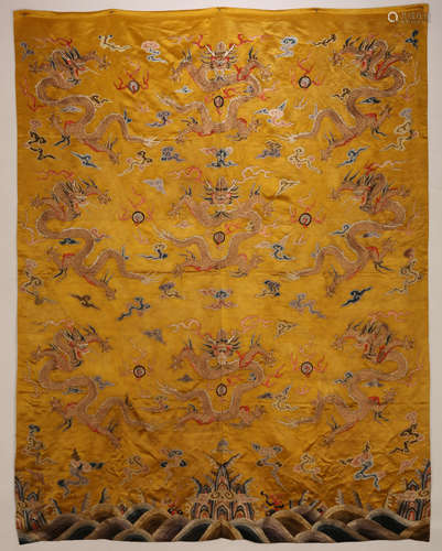 A Chinese Yellow-Ground Dragons Embroidery