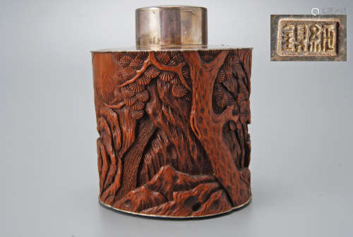 竹彫松石紋茶罐