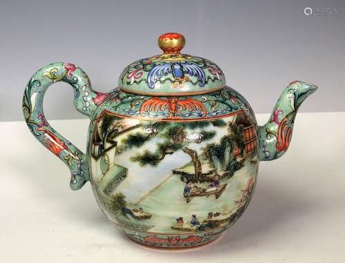 Famille verte glazed tea pot with inscription and mark