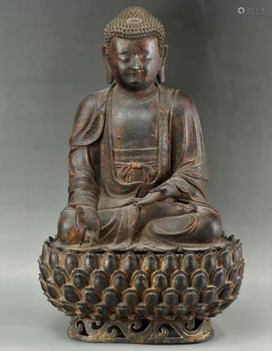 Large bronze figure of Buddha on flower petal base