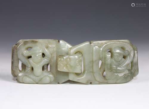 A Carved Celadon Jade Belt Buckle