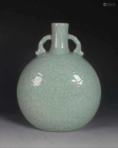 Carved celadon glazed porcelain moon flask with mark