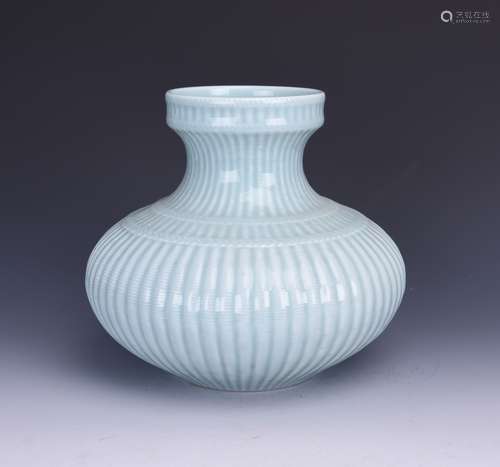 Light Blue Glazed Ribbed  Vase with Mark