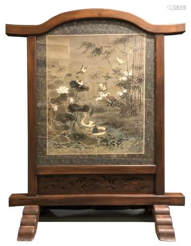 Embroidered Silk Panel in Wood Stand