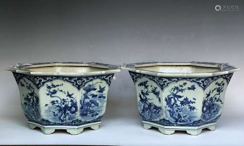 Pair of  blue and white porcelain octagonal planters
