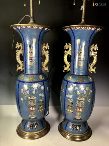 Pair of Bronze Enamel Vase Lamps
