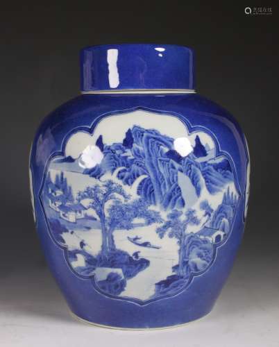 Blue and white porcelain covered ginger jar with mark