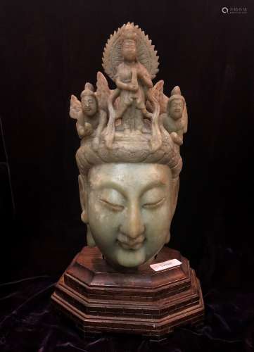 Carved Stone Head of Crowned Guanyin