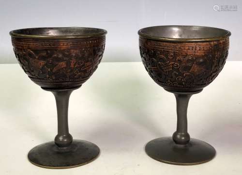 19/20th C. Pair of Pewter And Coconut Stem Cups