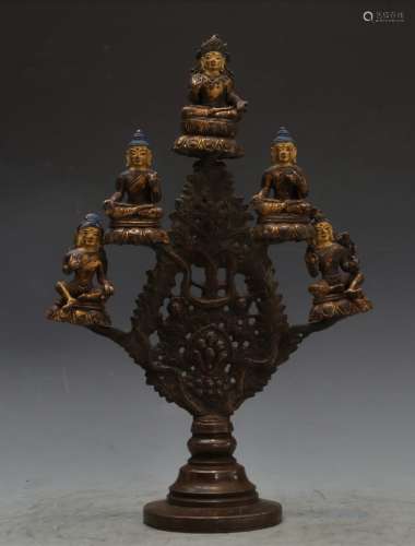 Gilt Bronze Five Seated Buddha Tree