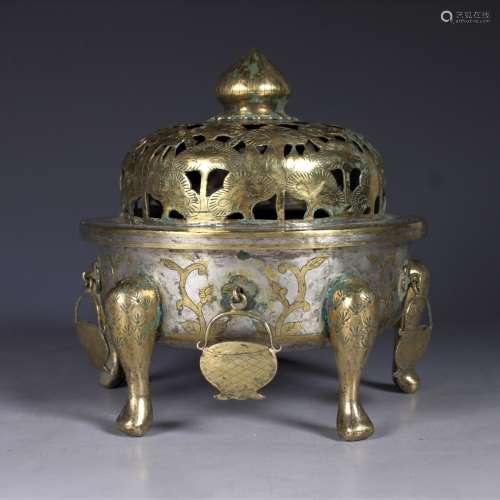 Chinese Bronze and Gilt Silver Censer