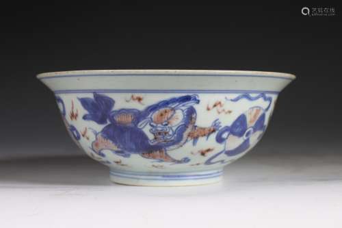 17c Blue and red underglaze porcelain bowl with mark