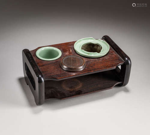 19th Japanese Antique Celadon Porcelain Rosewood Stands