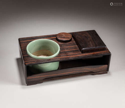 Meiji Period Japanese Celadon Porcelain Rosewood Stand