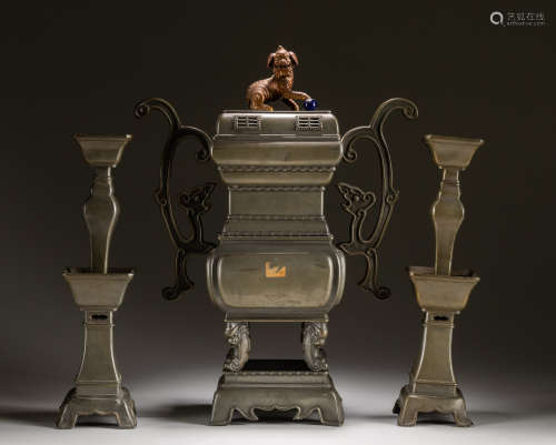 Set Of 19th Chinese Antique Tins Altar Garniture