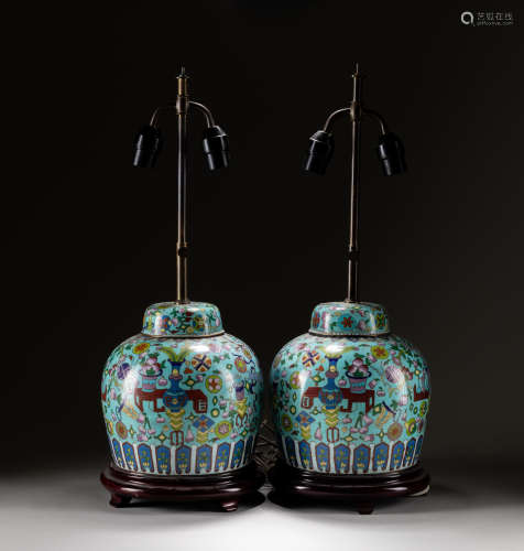 Pair Chinese Antique Cloisonné Enamel Lamps